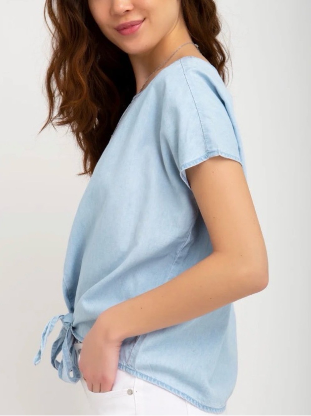 Velvet Heart Light Denim Blue Tie-Front Top Tencel Oversized Small